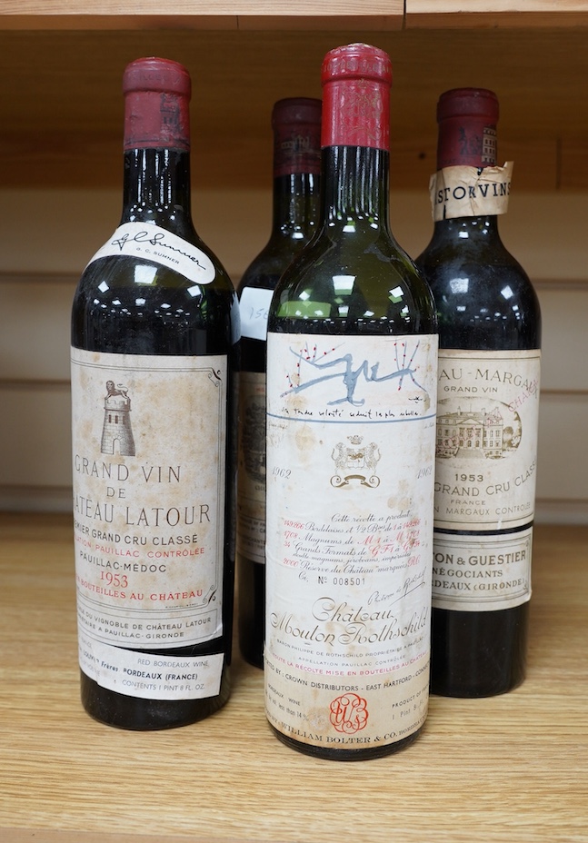 Four bottles of red wine; a Chateau Latour 1953, a Chateau Margaux 1953, a Chateau Mouton Rothschild, 1962, and a Chateau Rothschild 1952. Condition - fair to good, some foxing and peeling etc to labels